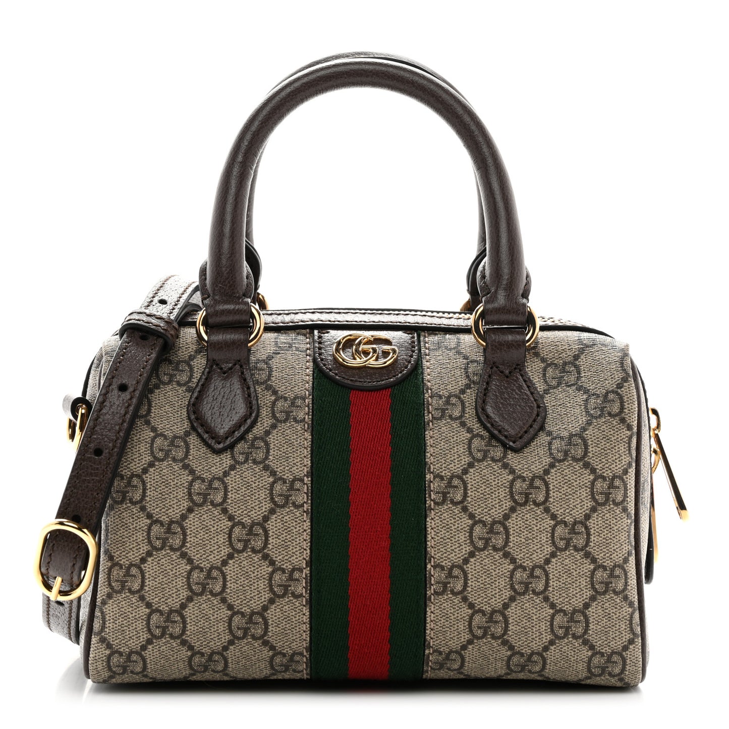 GG Supreme Monogram Textured Dollar Calfskin Web Mini Ophidia Top Handle Bowler Bag Beige Ebony New Acero
