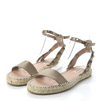 Valentino Garavani Metallic Calfskin Rockstud Ankle Strap Espadrille Flat Sandals 40 Skin 3 of 9