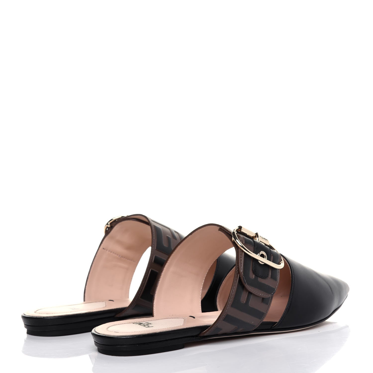 Fendi Vitello FF Embossed Buckle Flat Mules 36.5 Maya Black 4 of 13