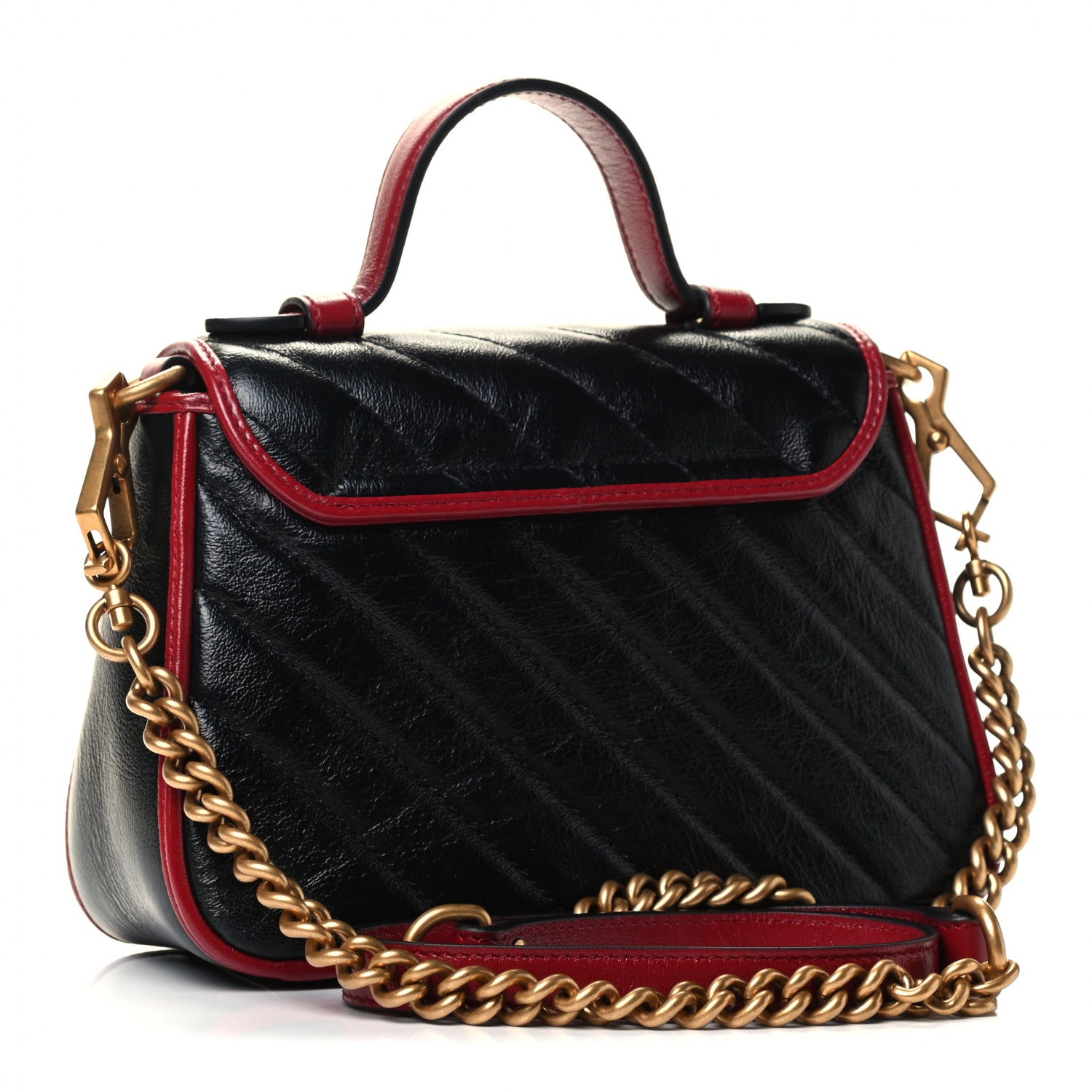 Gucci Vintage Effect Calfskin Matelasse Diagonal Mini Torchon GG Marmont Top Handle Shoulder Bag Black Romantic Cherry 2 of 4