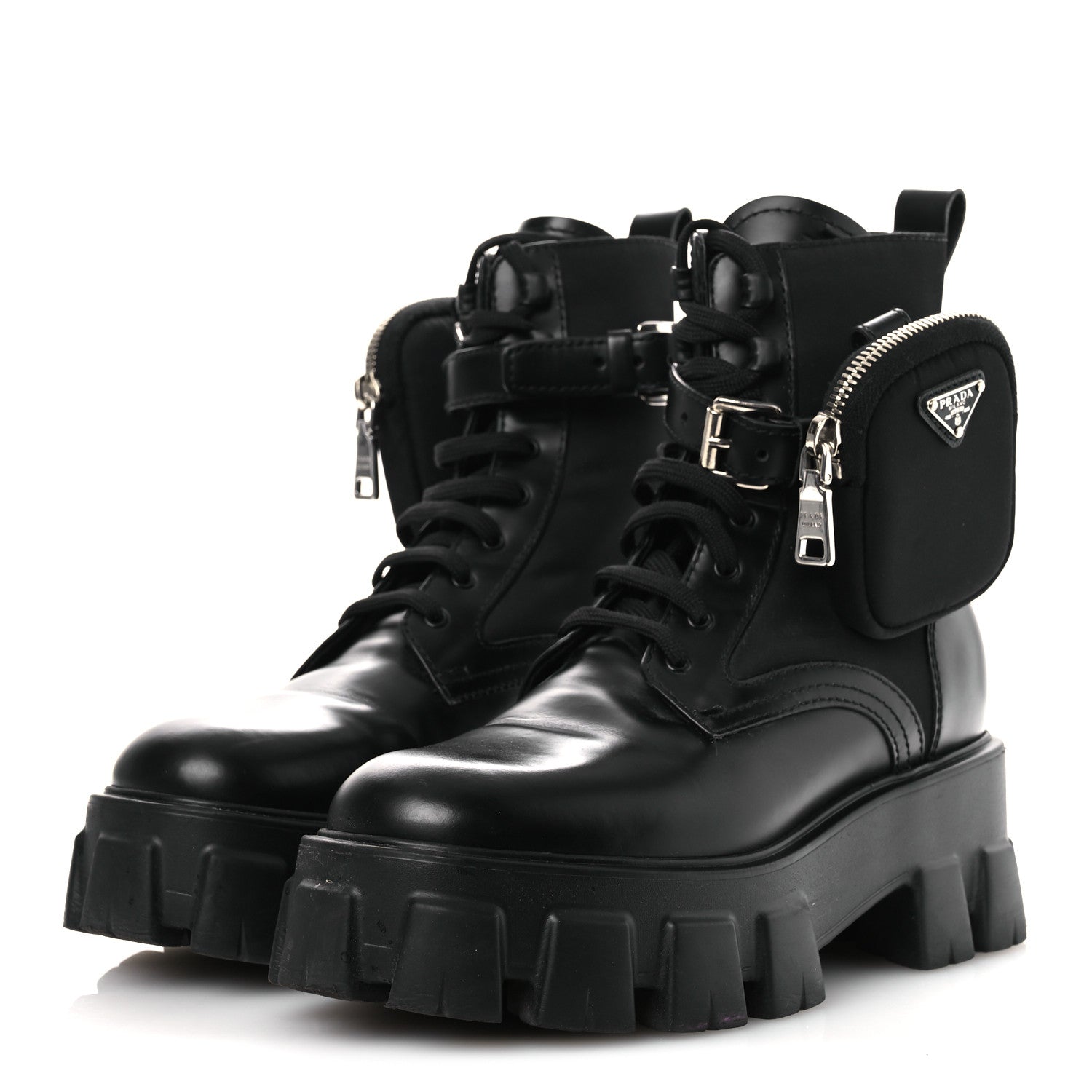 Prada Spazzolato Rois Nylon Metal Triangle Logo Monolith Pouch Pocket 55mm Boots 37 Black 4 of 12