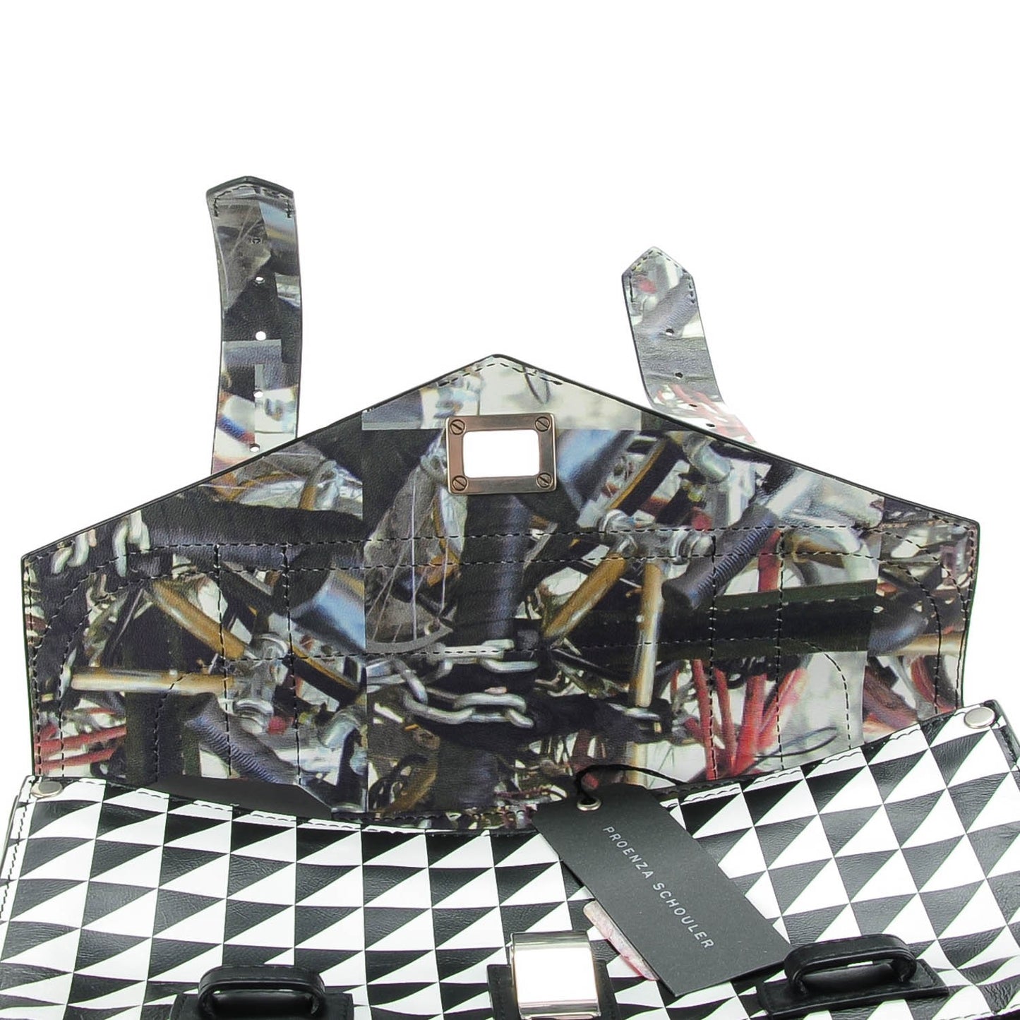 Triangle Print Calfskin PS1 Pochette Clutch Black White
