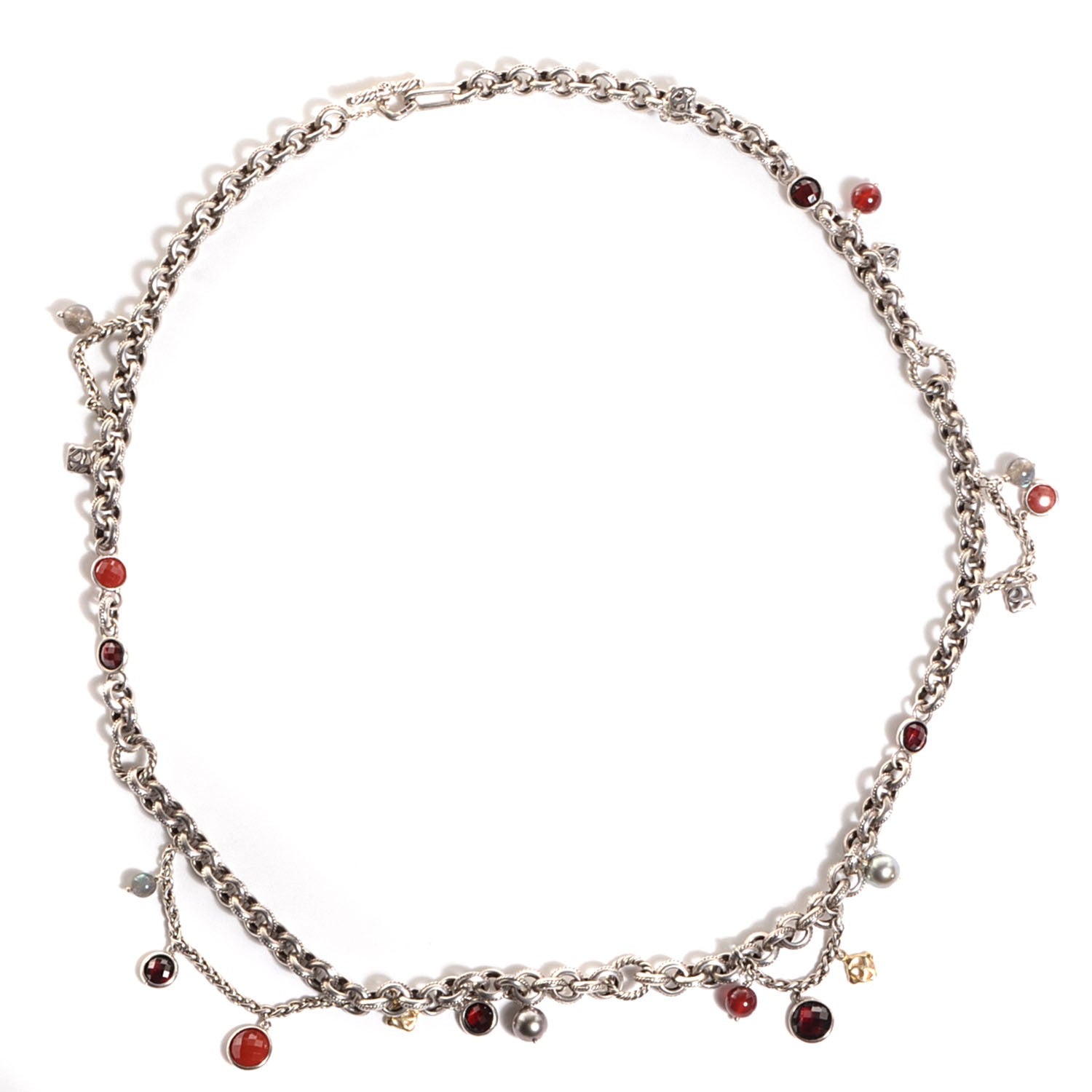 David Yurman Sterling Silver 18K Gold Carnelian Garnet Pearl Cable Charms Necklace 1 of 6