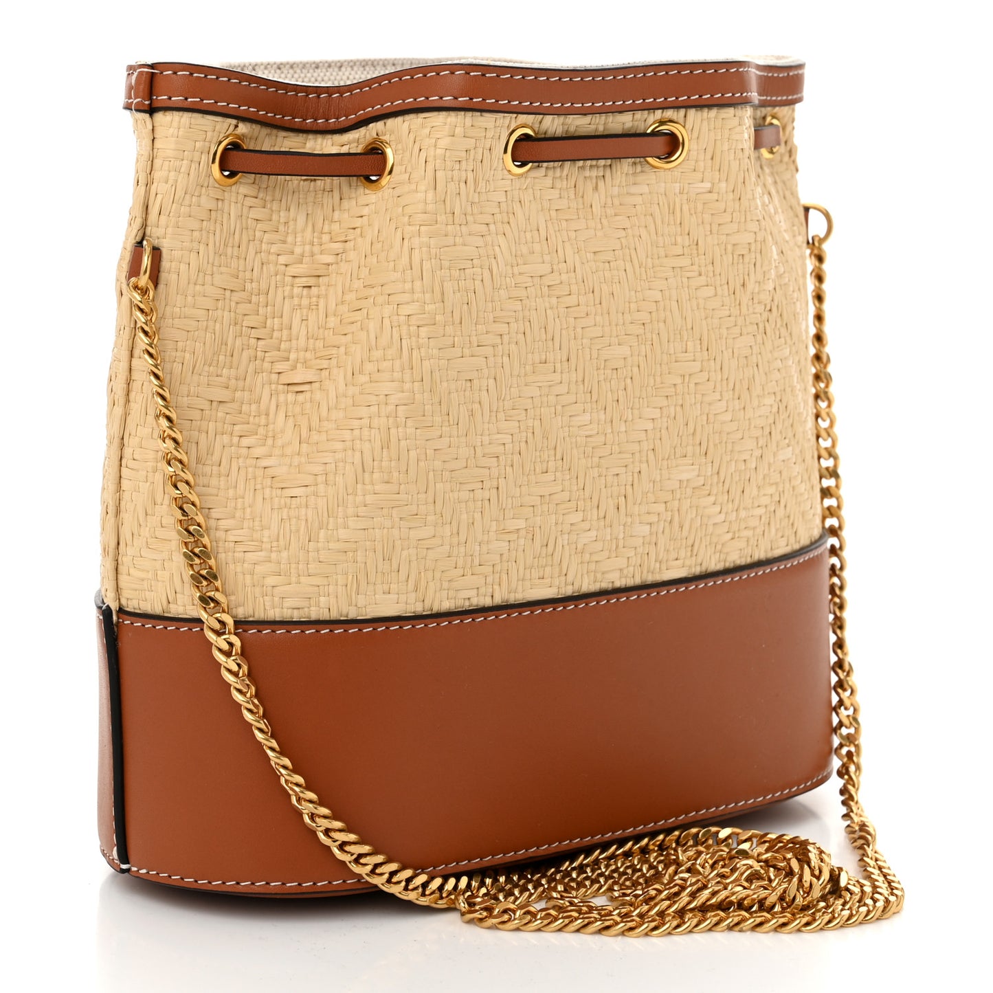 Raffia Calfskin Vlogo Drawstring Shoulder Bag Naturale Saddle Brown