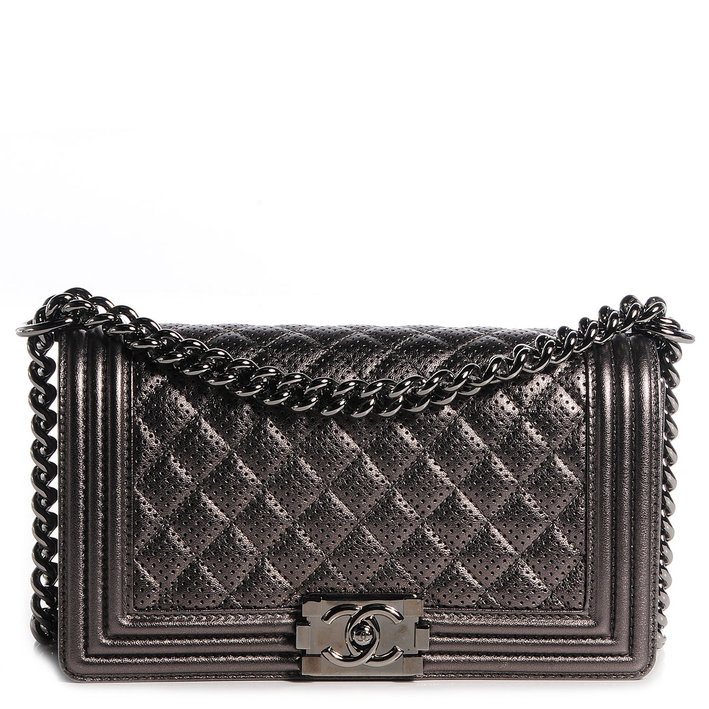 Metallic Lambskin Perforated Medium Boy Flap Dark Silver