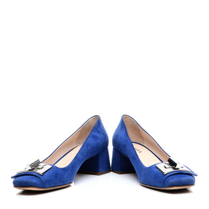 Prada Suede Turnlock Block Heel Pumps 37.5 Blue 5 of 10