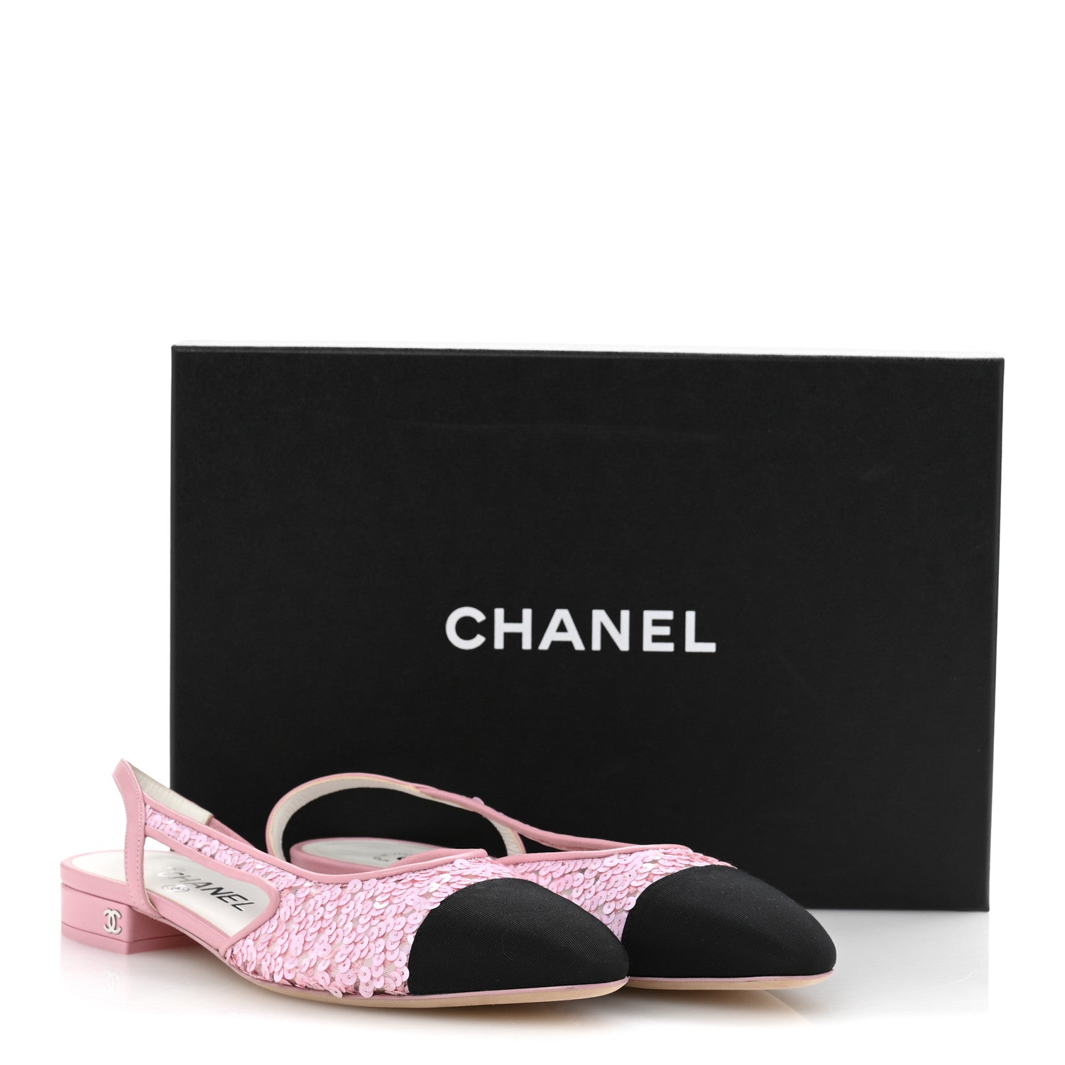 Chanel Sequins Satin Cap Toe CC Slingback Flat 37 Pink Black