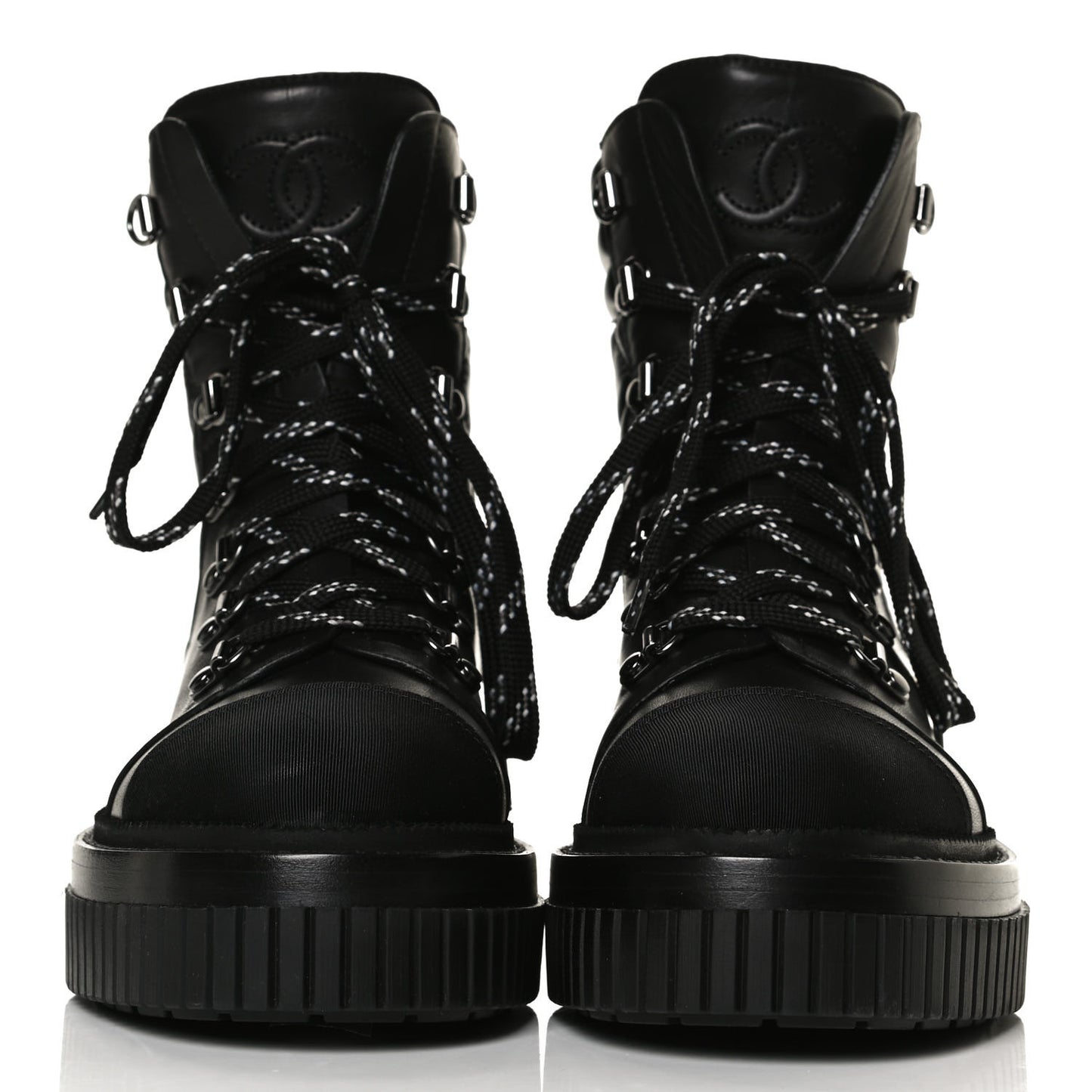 Calfskin Grosgrain Quilted Lace Up Boots 36.5 Black Grey