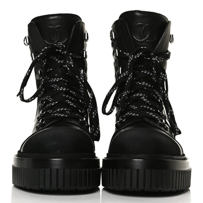 Chanel Calfskin Grosgrain Quilted Lace Up Boots 36.5 Black Grey 2 of 10
