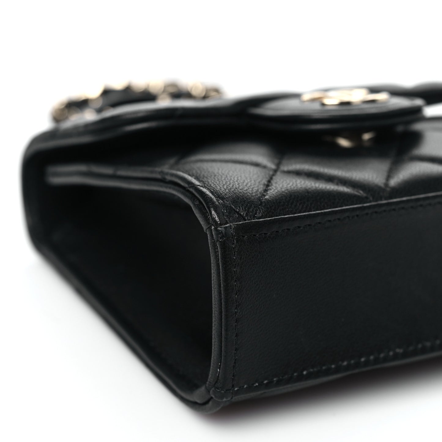 Lambskin Quilted Top Handle Flap Clutch With Chain Black