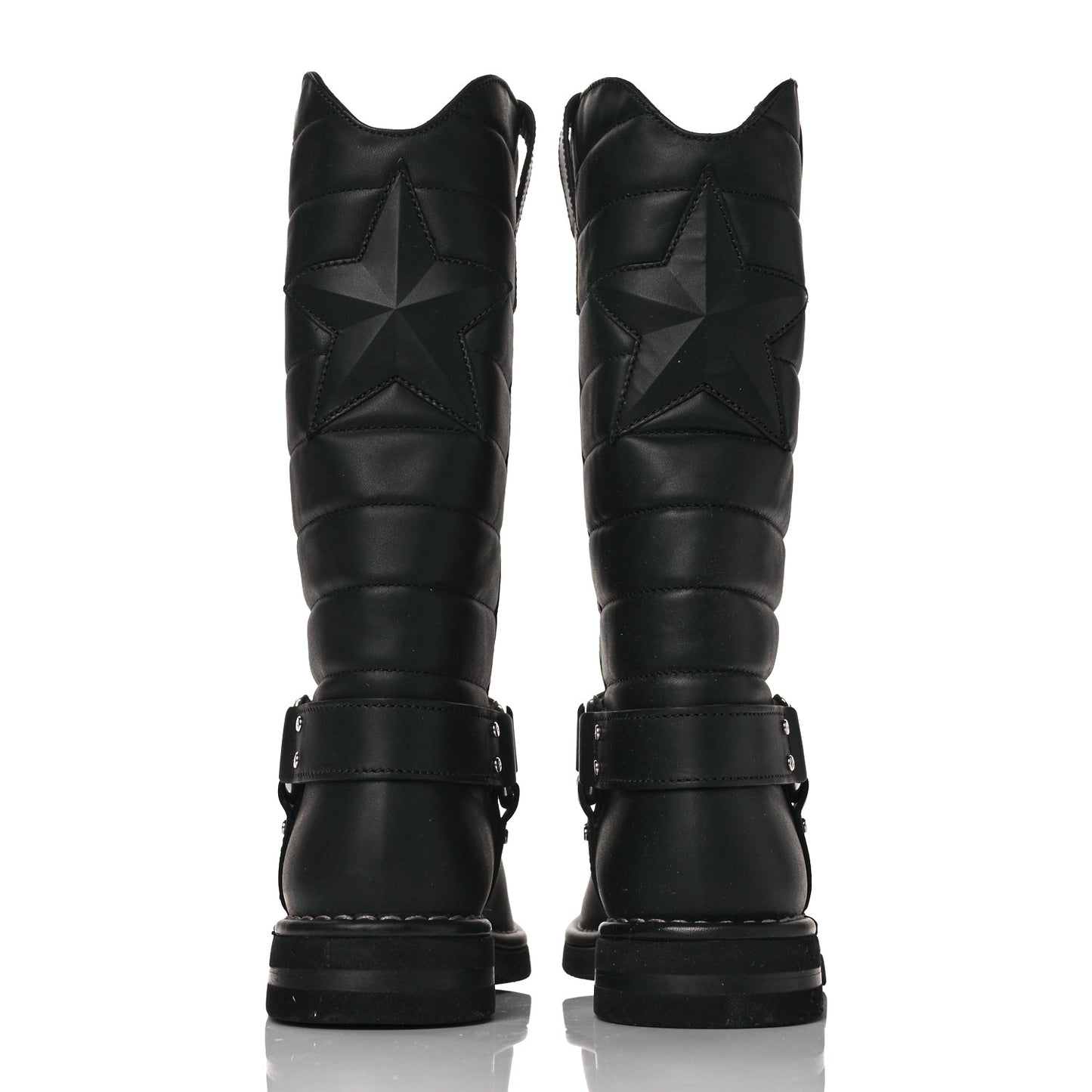 Oily Calfskin Star Quilted Biker Boots 36 Black