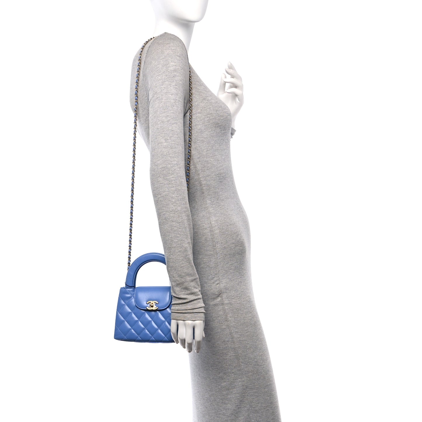 Shiny Aged Calfskin Quilted Nano Kelly Shopper Blue