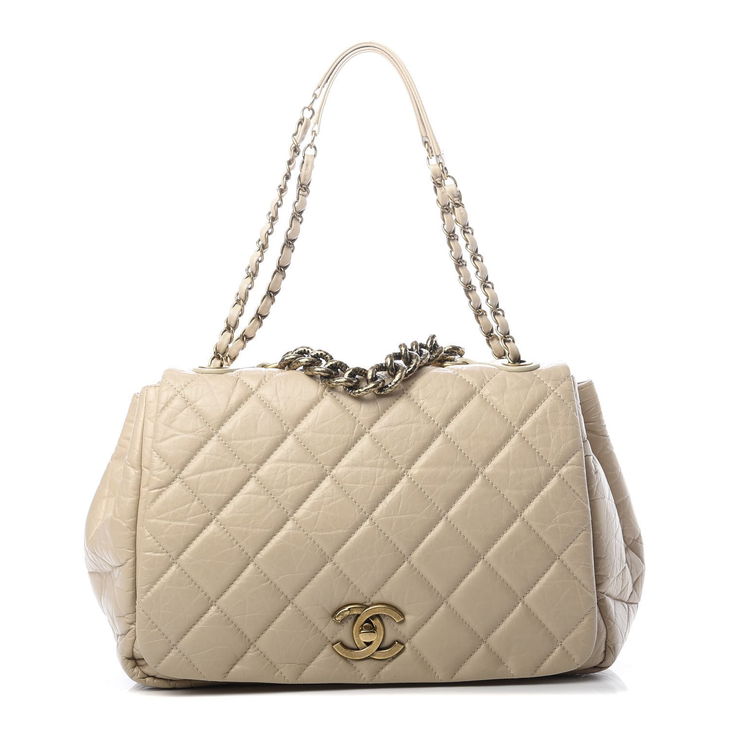 Aged Calfskin Quilted Large Pondichery Flap Beige