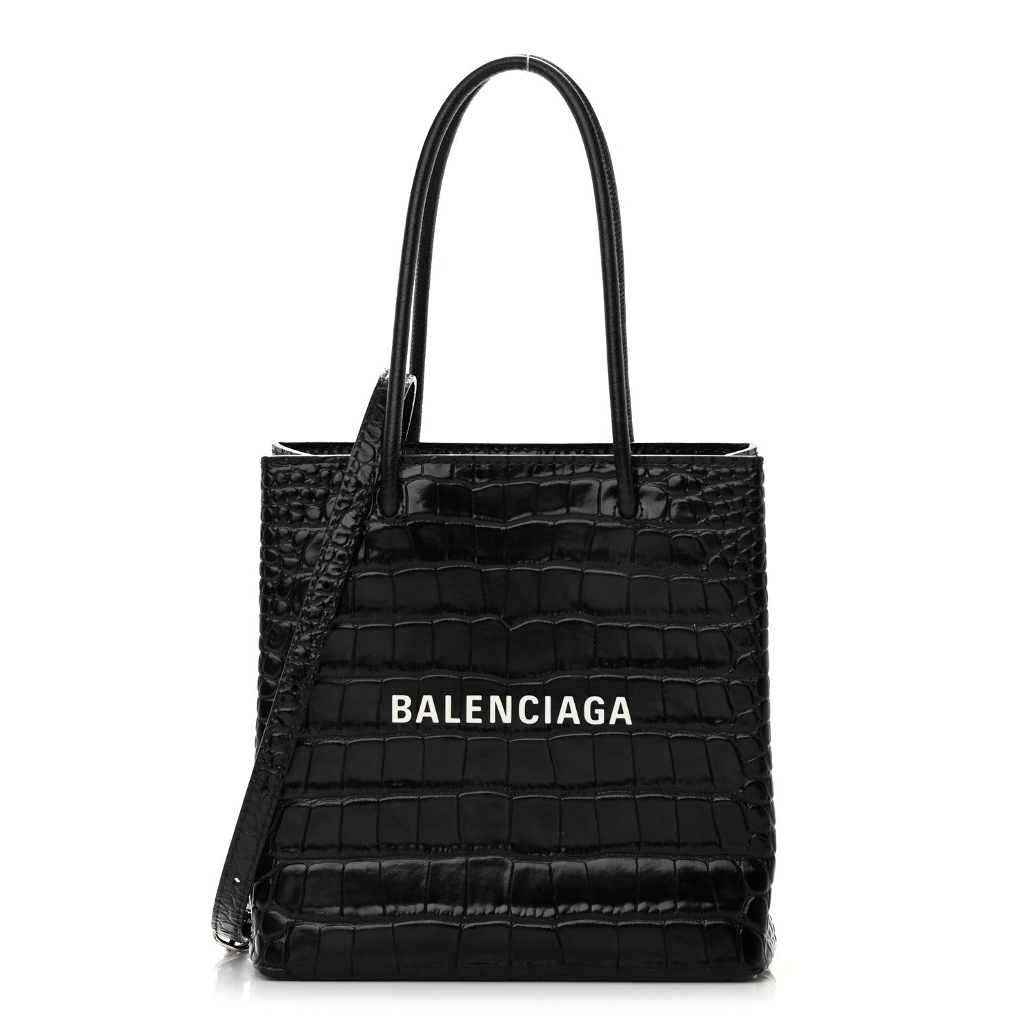 Balenciaga Shiny Calfskin Logo Crocodile Embossed North South Shopper Tote XXS Black White 1 of 15