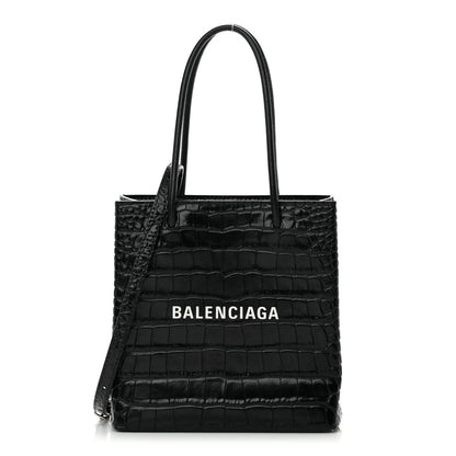 Balenciaga Shiny Calfskin Logo Crocodile Embossed North South Shopper Tote XXS Black White 1 of 15