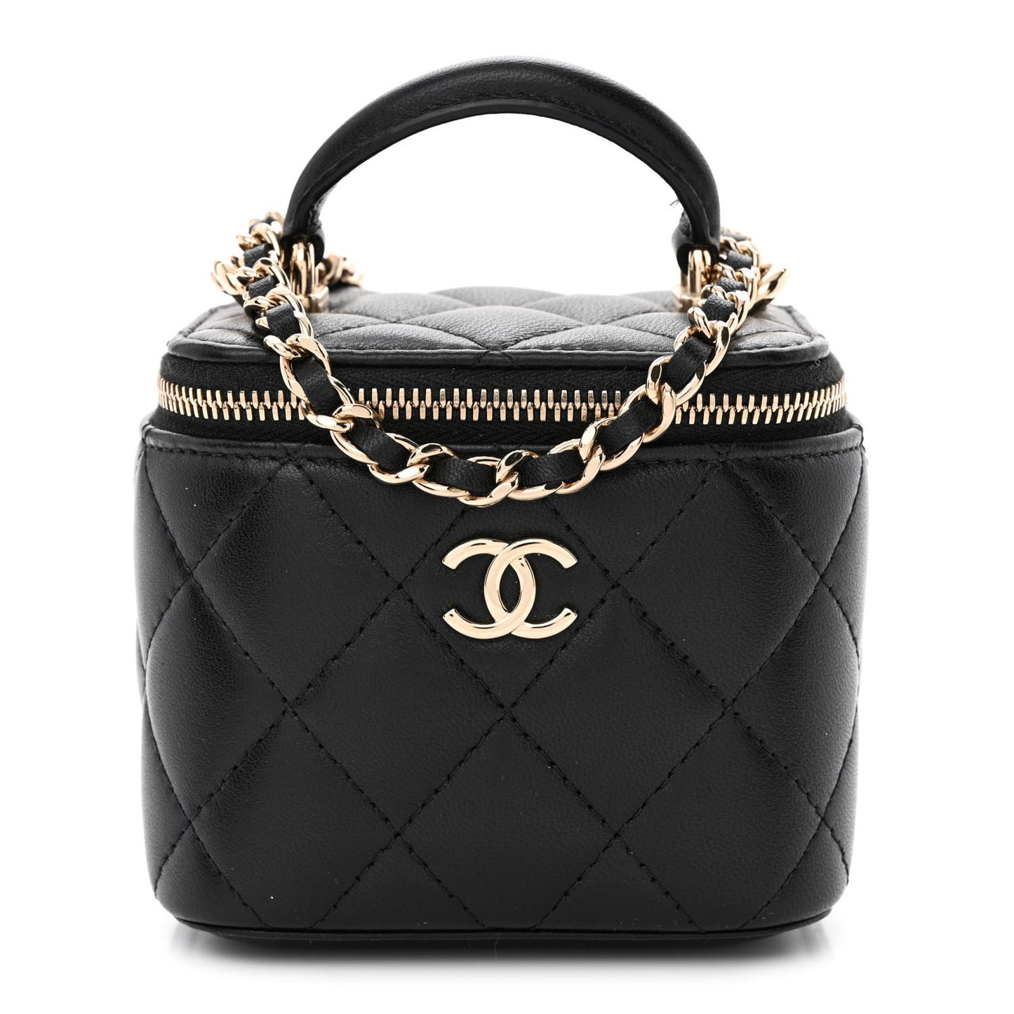 Lambskin Quilted Top Handle Mini Vanity Case With Chain Black