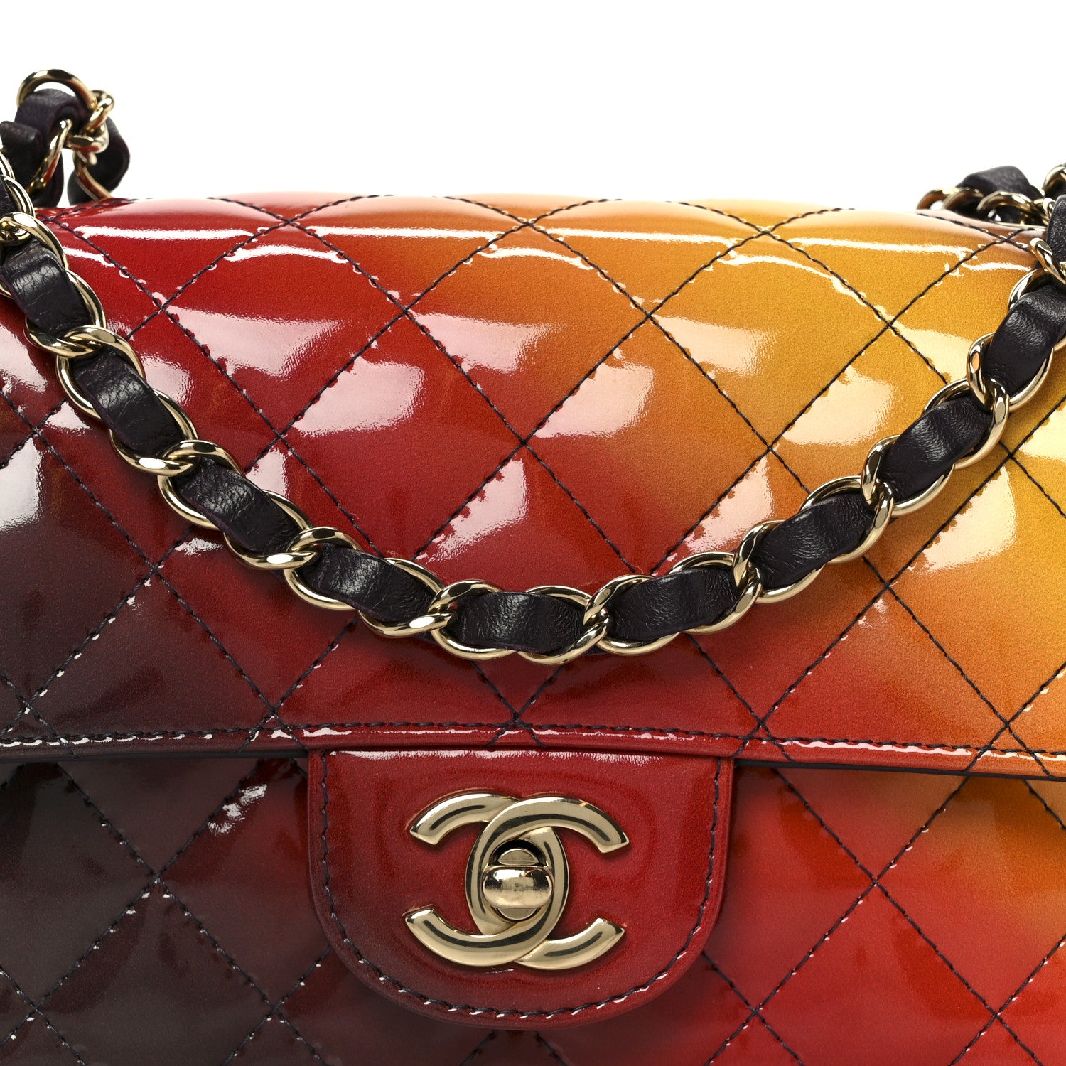 Chanel Shaded Patent Calfskin Quilted Mini Rectangular Flap Red Yellow Dark Purple 9 of 11