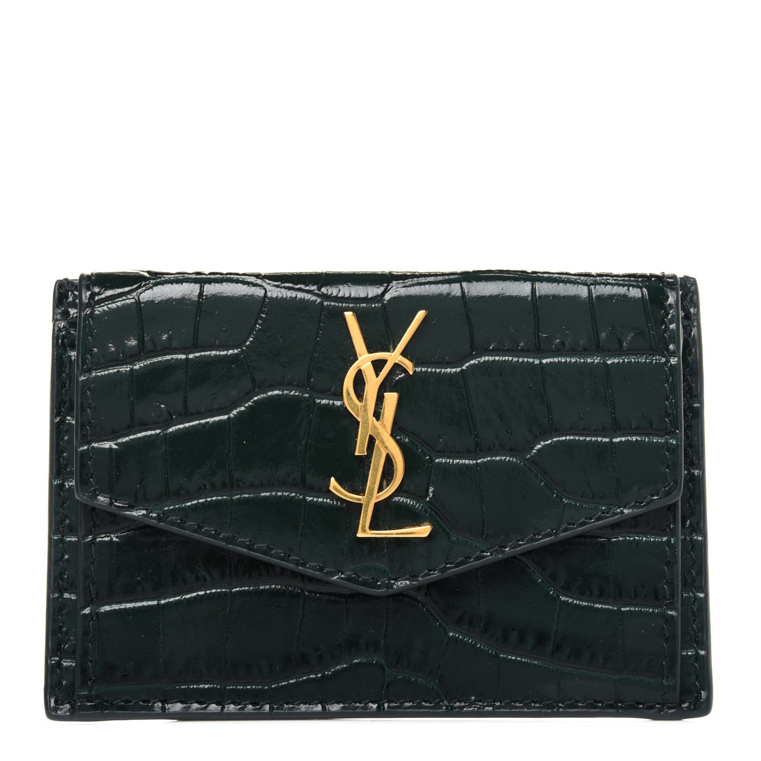 Saint Laurent Calfskin Crocodile Embossed Uptown Monogram Card Case Dark Green 1 of 12