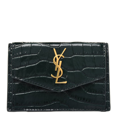 Saint Laurent Calfskin Crocodile Embossed Uptown Monogram Card Case Dark Green 1 of 12