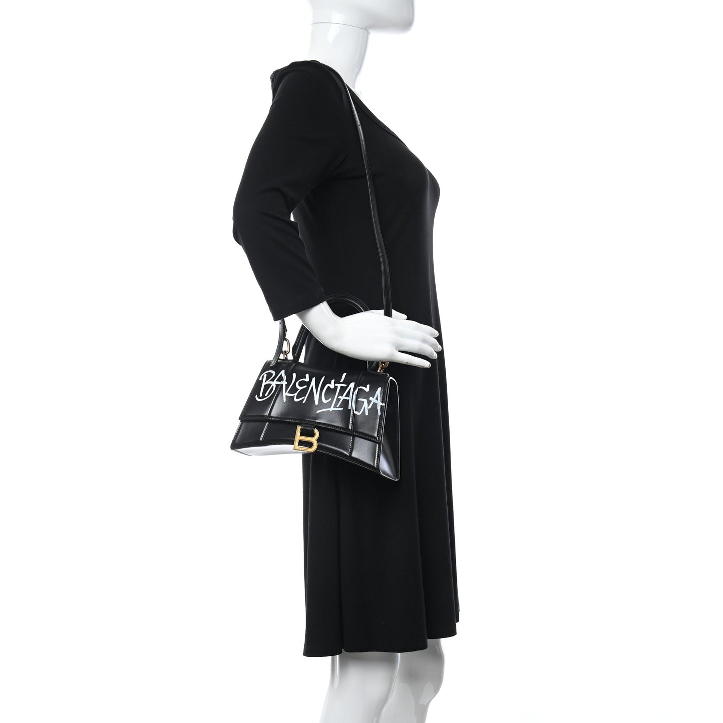 Shiny Box Calfskin Graffiti Logo Small Hourglass Top Handle Bag Black Silver