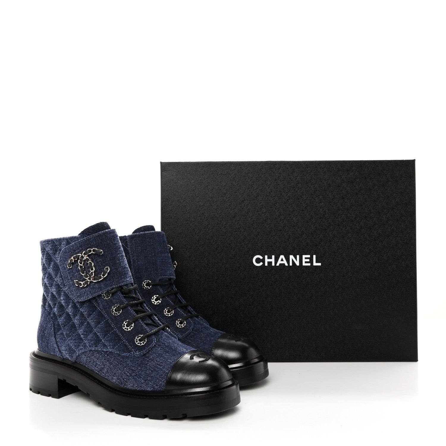 Chanel Denim Calfskin Quilted Lace Up Combat Boots 40 Blue 13 of 13