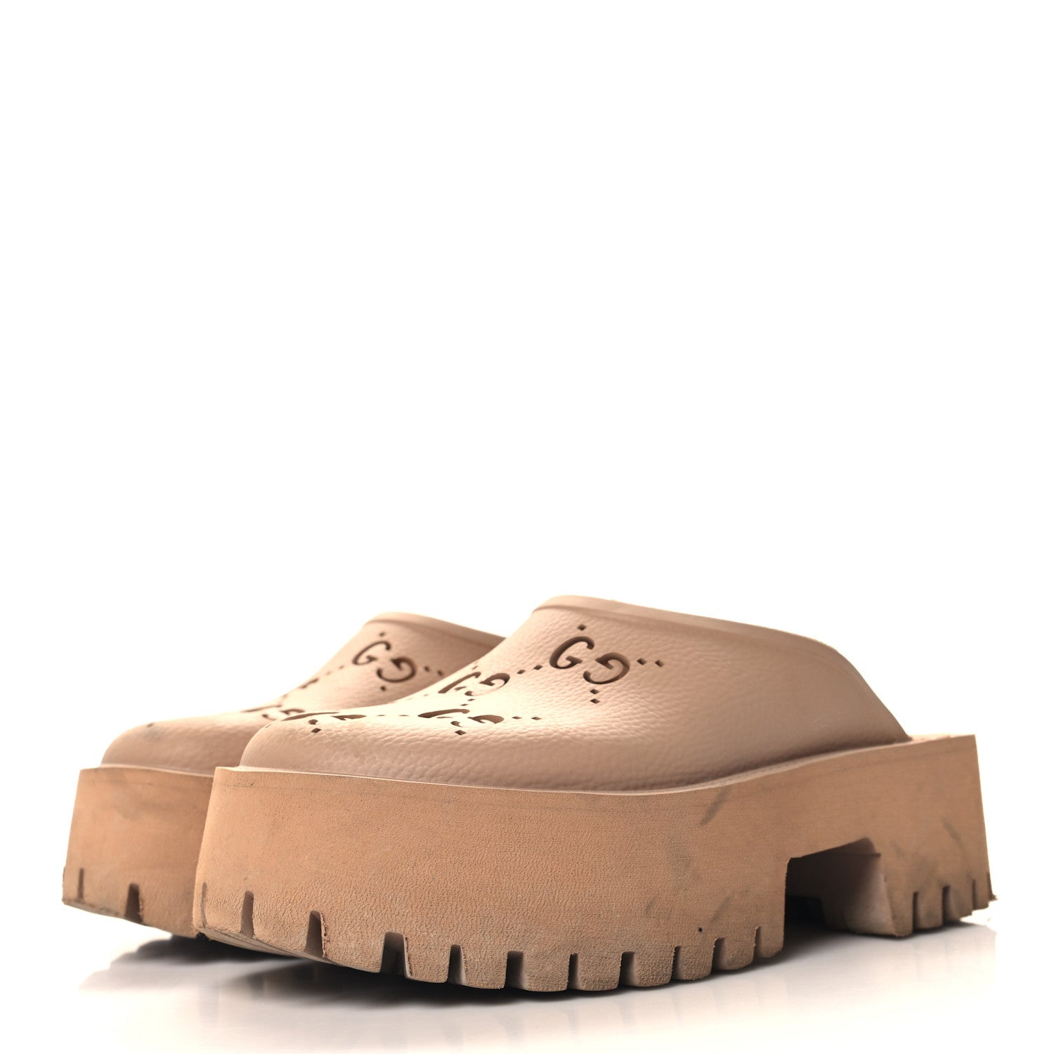 Gucci Rubber GG Monogram Perforated Elea Platform 55mm Lug Sole Sandals 37 Vintage Camel 4 of 9