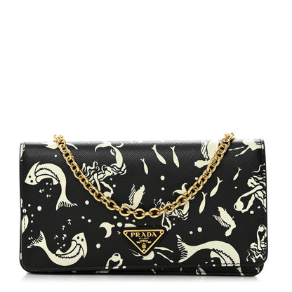 Prada Saffiano Triangle Logo Mermaid Print Mini Crossbody Bag Black 1 of 10