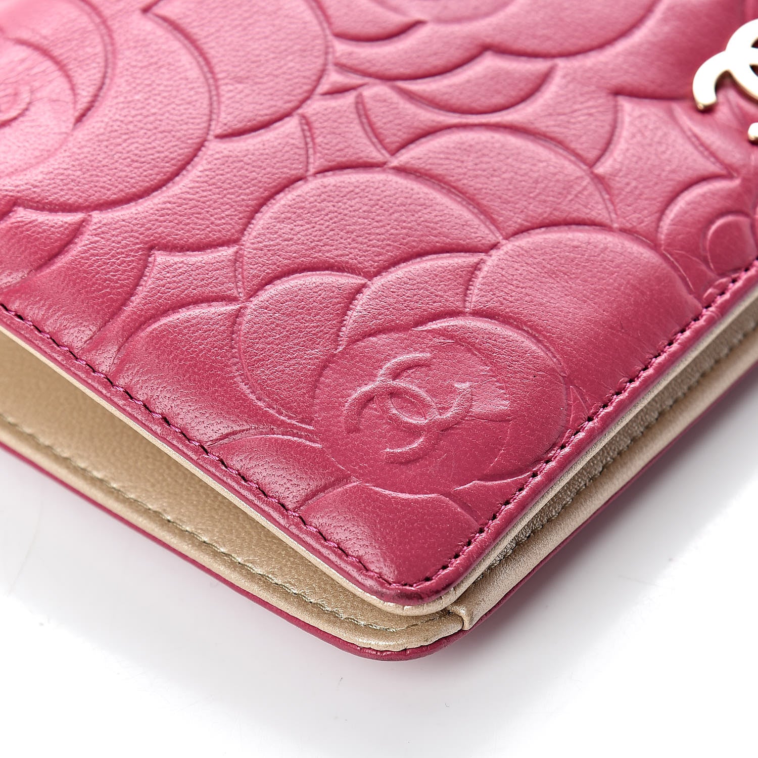 Chanel Lambskin Camellia Embossed Yen Wallet Fuchsia 9 of 12