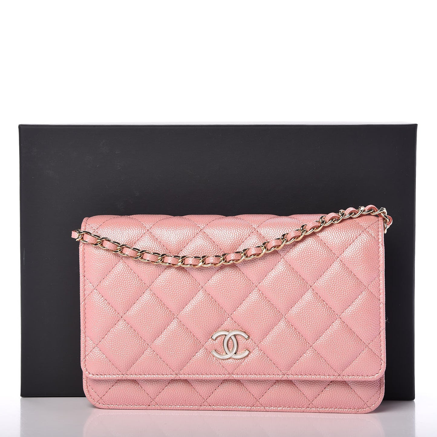 Iridescent Caviar Quilted Wallet on Chain WOC Rose Pink