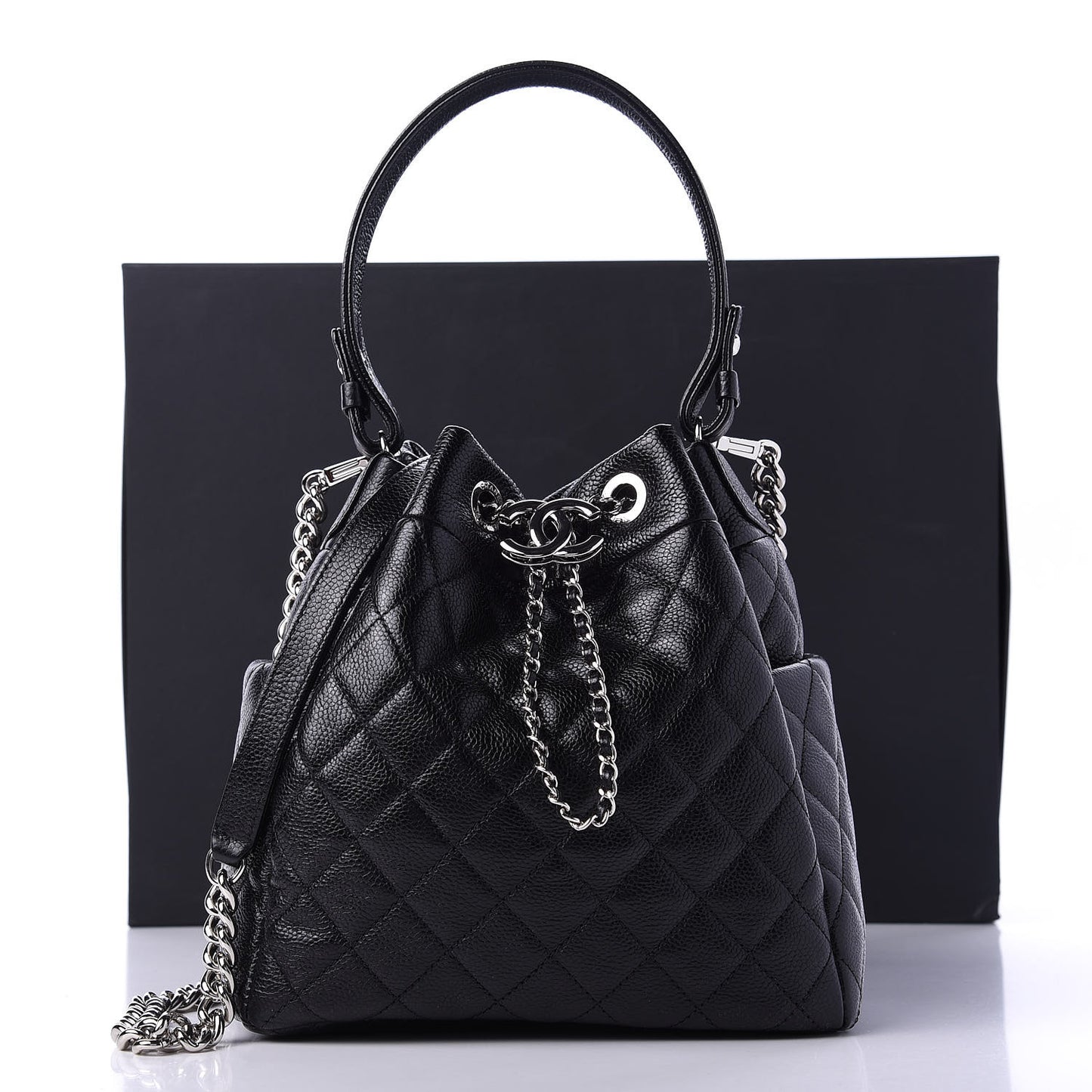 Grained Calfskin Quilted CC Chain Bucket Drawstring Bag Black