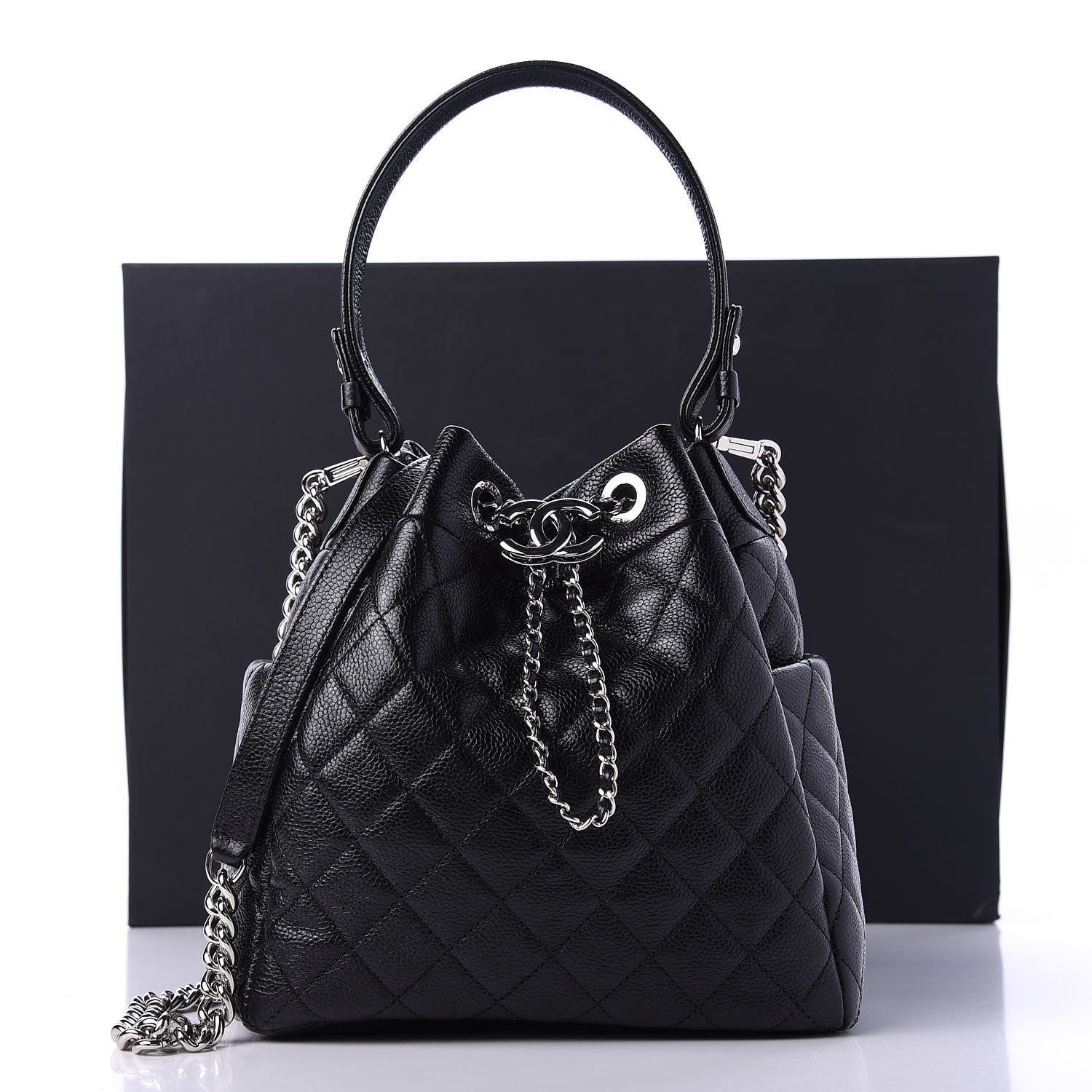 Chanel Grained Calfskin Quilted CC Chain Bucket Drawstring Bag Black 12 of 12