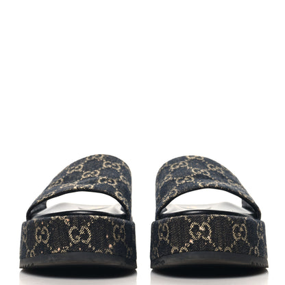 Gucci Jacquard Black Denim GG Monogram Angelina Platform 55mm Slide Sandals 39 Black Ivory 3 of 11