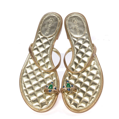 Chanel Metallic Calfskin Jeweled Sandals 36.5 Gold 5 of 10
