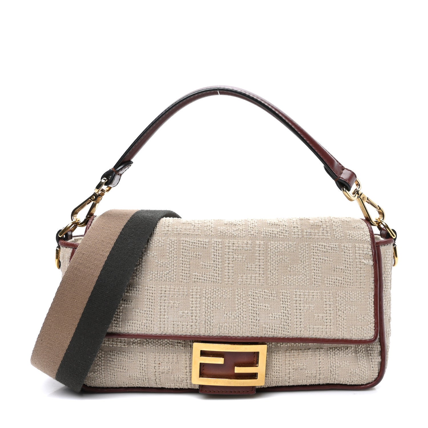 Fendi Sardinian Jacquard Vitello King FF 1974 Embroidered Baguette Corda Praline 1 of 9