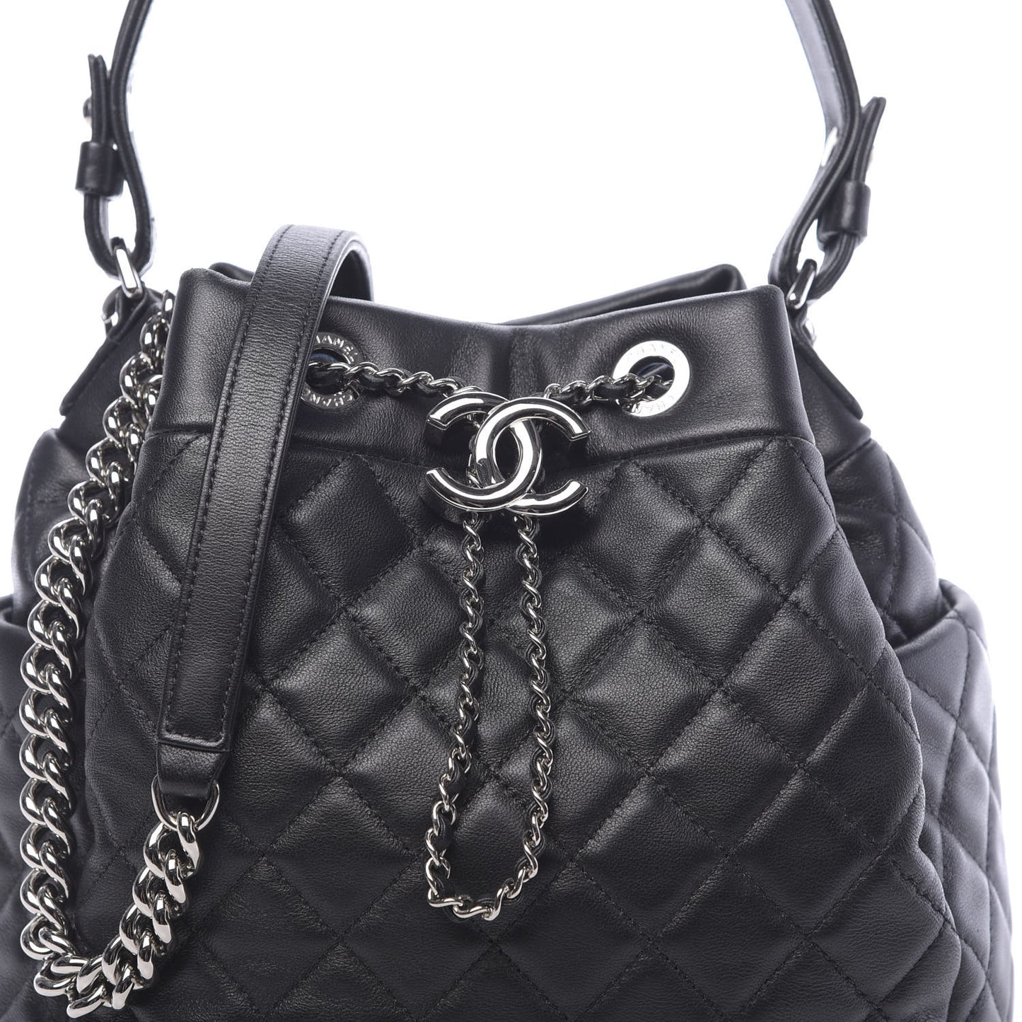 Lambskin Quilted Mini CC Chain Bucket Bag Black