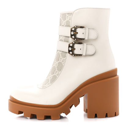 Gucci Kensington Calfskin Nappa GG Supreme Monogram Womens Double Buckle Ankle Boots 38.5 Mystic White Beige 1 of 9