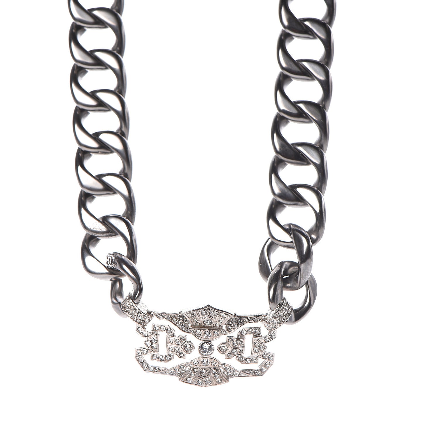Crystal CC Chain Link Choker Necklace Dark Silver