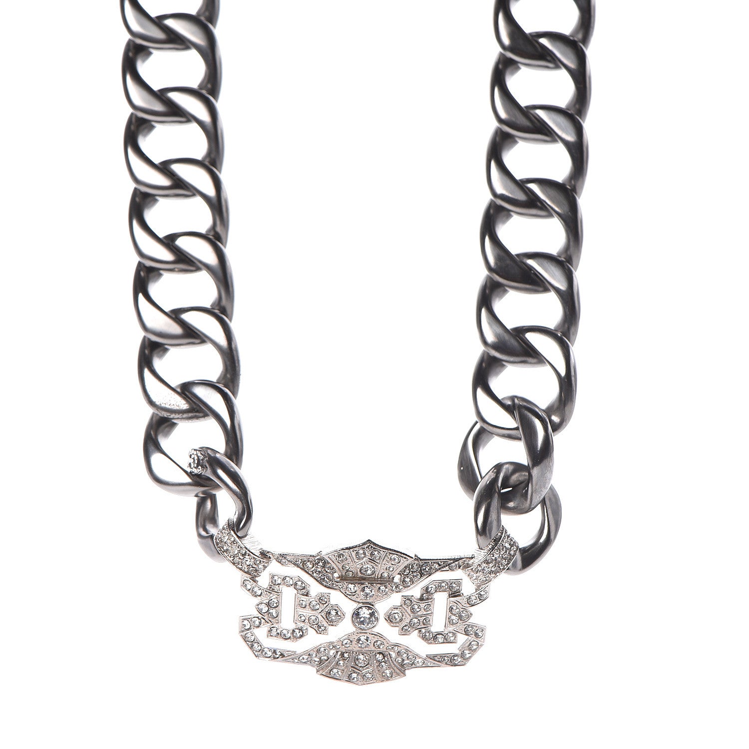 Chanel Crystal CC Chain Link Choker Necklace Dark Silver 1 of 5