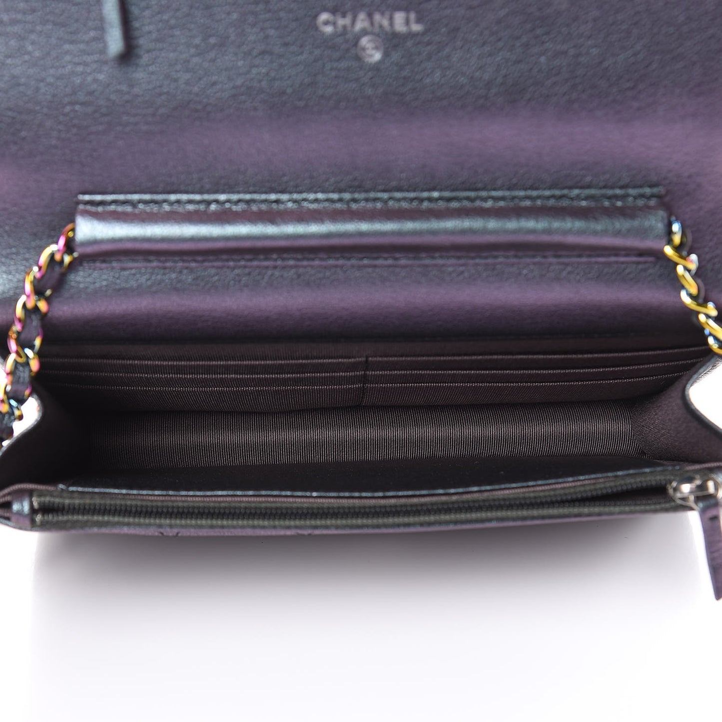 Iridescent Goatskin Quilted Wallet On Chain WOC Purple