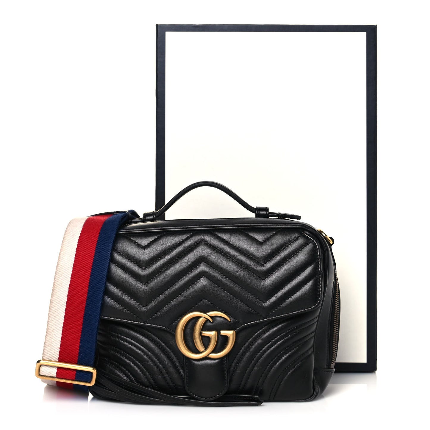 Calfskin Matelasse Sylvie Web Small GG Marmont Top Handle Shoulder Bag Black