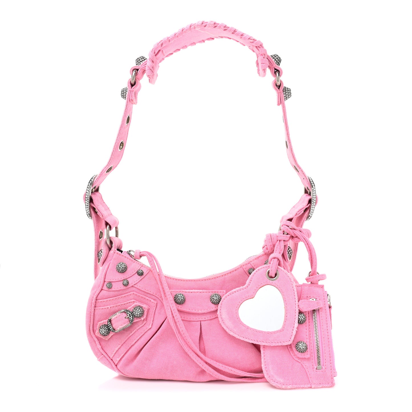 Washed Frayed Denim Crystal Le Cagole Shoulder Bag XS Denim Pink