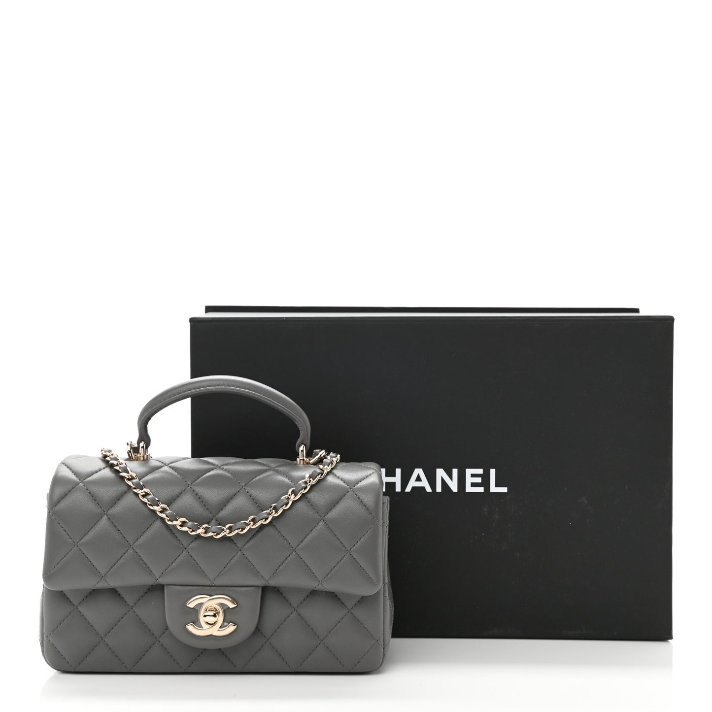 Lambskin Quilted Mini Top Handle Rectangular Flap Dark Grey