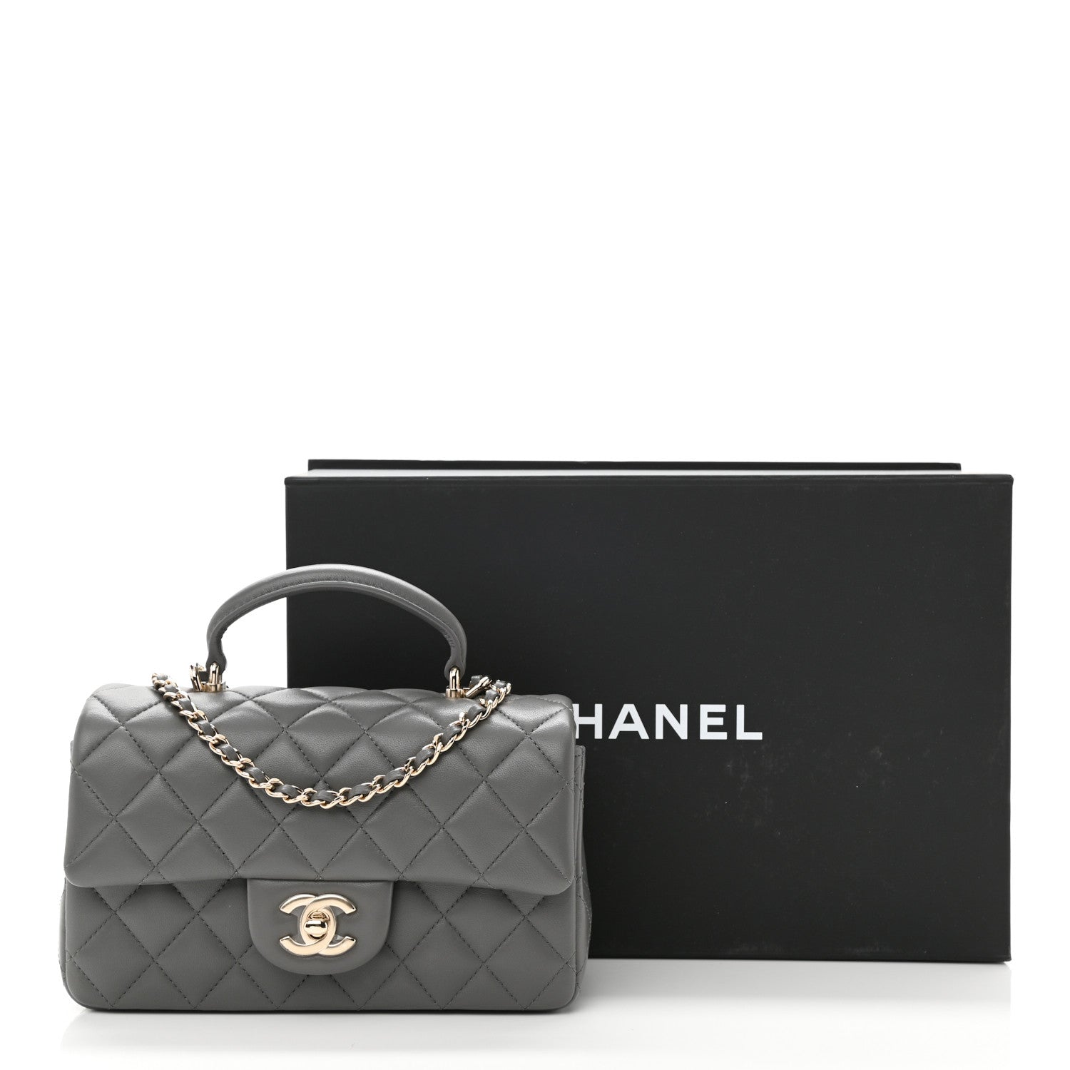 Chanel Lambskin Quilted Mini Top Handle Rectangular Flap Dark Grey 11 of 11