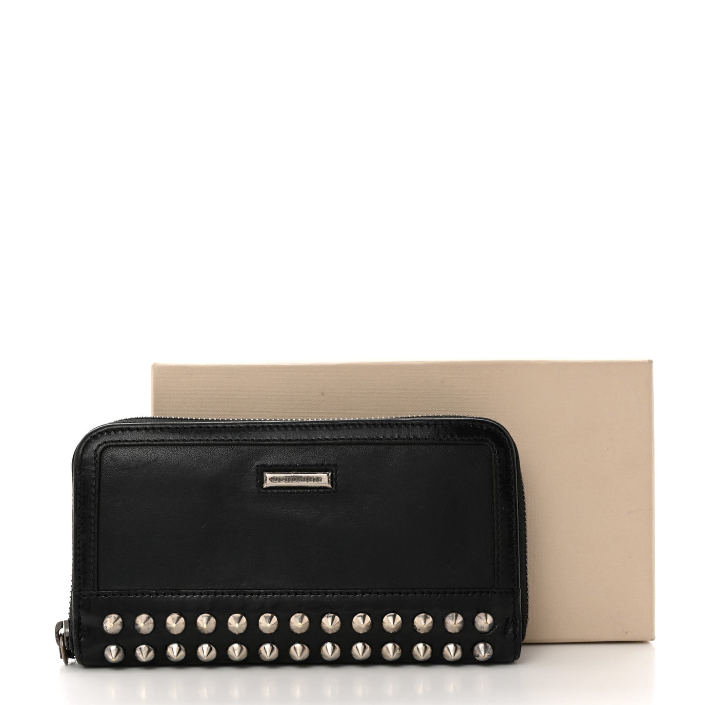 Calfskin Studded Zip Around Wallet Black