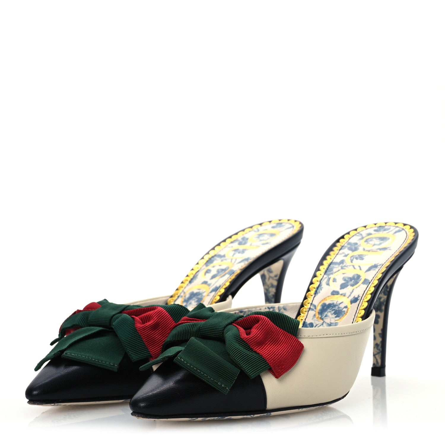 Gucci Malaga Kid Web Bow Mid Heel Mules 36.5 Black Vintage White 4 of 13