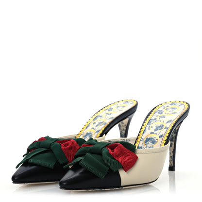Gucci Malaga Kid Web Bow Mid Heel Mules 36.5 Black Vintage White 4 of 13
