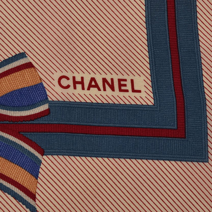 Chanel Silk Bow Stripe Print CC Square Scarf Beige 4 of 7
