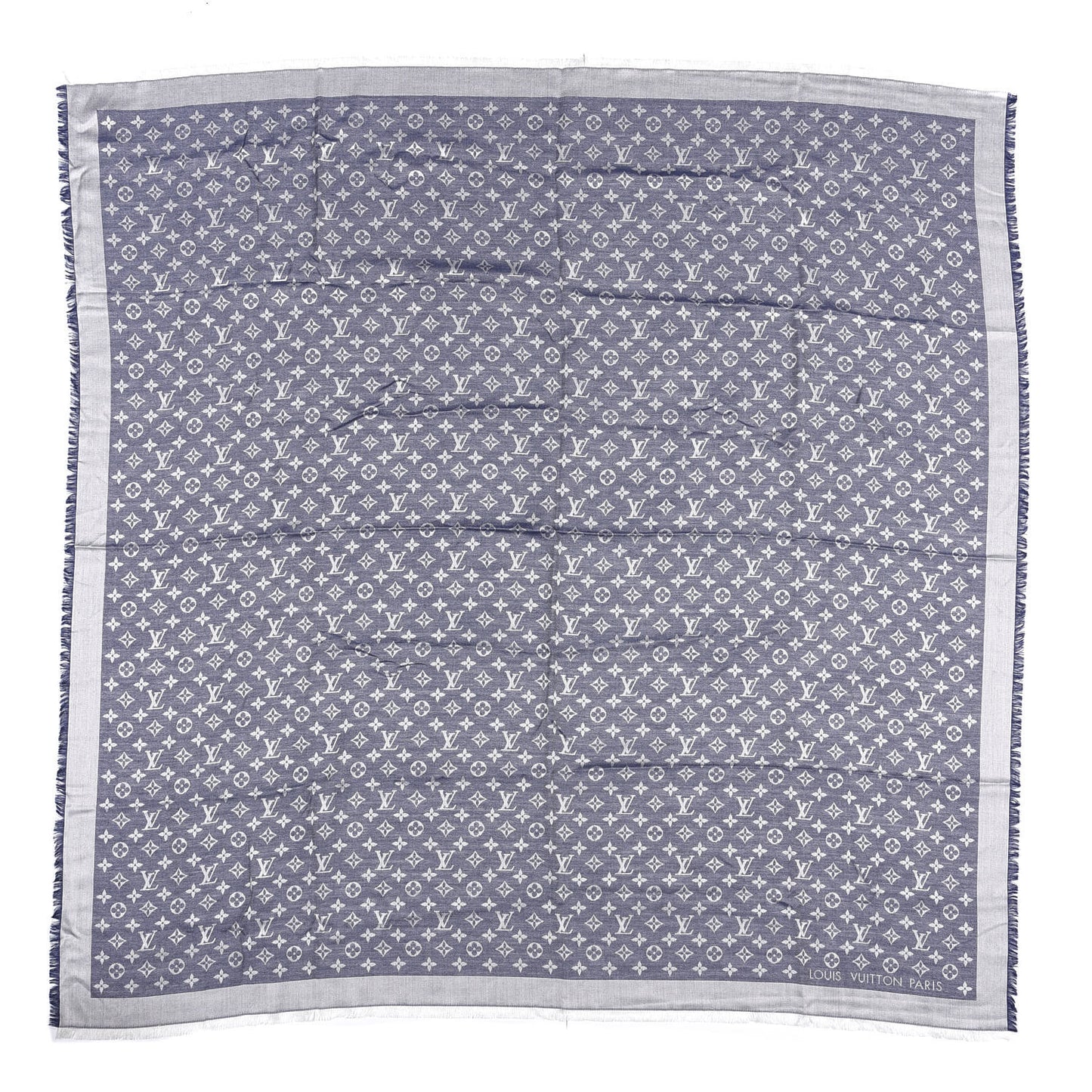 Wool Silk Monogram Denim Shawl Blue