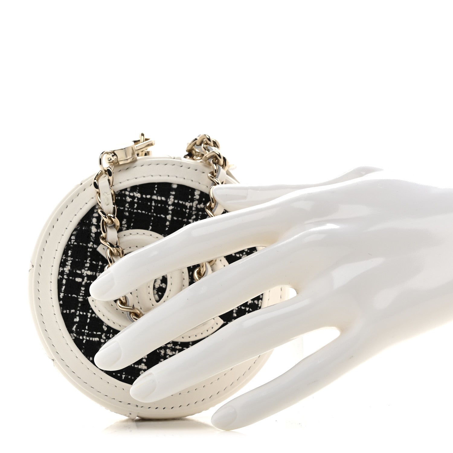 Chanel Tweed Quilted Round Filigree Pouch With Chain White Black 2 of 8