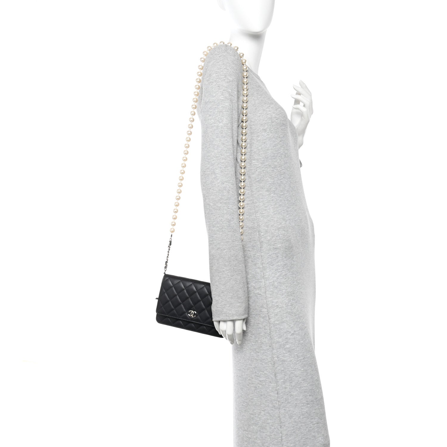 Chanel Lambskin Quilted Pearl Wallet On Chain WOC Black 2 of 12